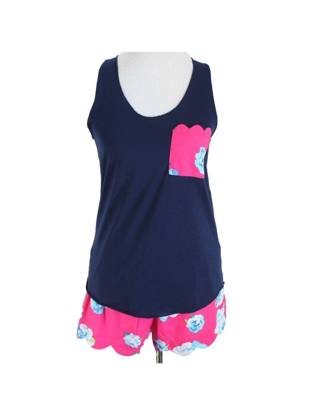 Mud Pie 2 Piece Pajama Set Womens Size S Navy Tank Top Pink Floral Boxer Shorts